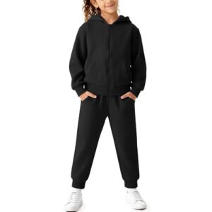 QTWW INC Conjunto de moletom esportivo para meninas e meninos, 2 peças, moletom com zíper e calça jogger para crianças, Preto, 12 Anos