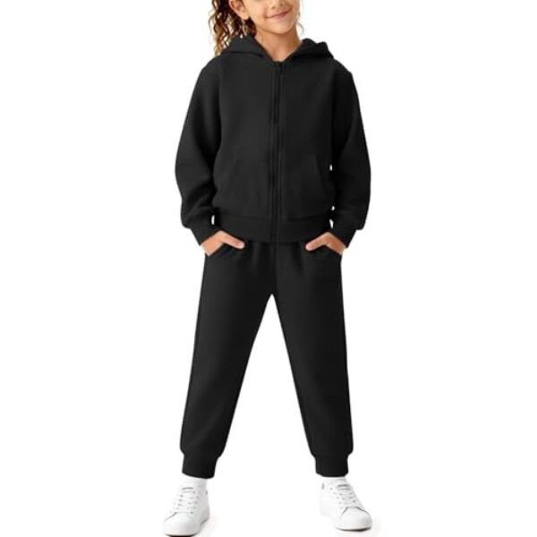 QTWW INC Conjunto de moletom esportivo para meninas e meninos, 2 peças, moletom com zíper e calça jogger para crianças, Preto, 12 Anos