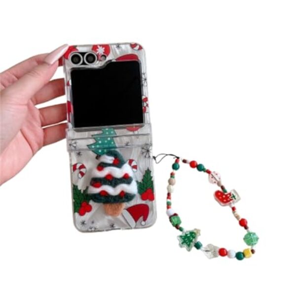 QYFZXLV Capa estilo Natal para Samsung Galaxy Z Flip 6 com árvore de Natal, linda capa protetora dobrável para Galaxy Z Flip6 com corrente de pulso para meninas e meninos