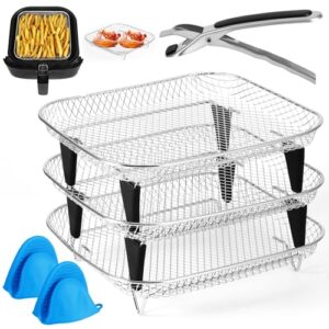 Rack de fritadeira a ar, pacote com 3 unidades empilháveis de aço inoxidável, desidratador, com 8 peças de cobertura para os pés, serve para acessórios de fritadeira a ar de 4,2 a 5,8 litros