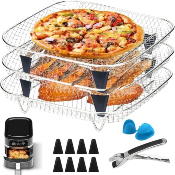Rack de fritadeira a ar, pacote com 3 unidades empilháveis de aço inoxidável, desidratador, com 8 peças de cobertura para os pés, serve para acessórios de fritadeira a ar de 4,2 a 5,8 litros