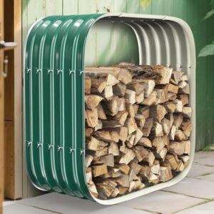 Rack quadrado de lenha de 47 cm à prova d'água - capacidade de 226 kg, placa de metal ondulado galvanizado de 0,8 mm de espessura com tinta verde, suportes de troncos resistentes para uso interno