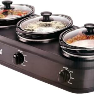 Rechaud Elétrico Triplo Buffet Slow Cooker em Aço Inox Preto - 127V com 3 Panelas Cubas de Cerâmica com Tampas de Vidro Temperado - Para Servir na Cozinha Festas Eventos Caldos Sopas Pratos Quentes