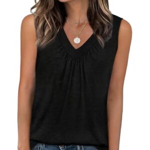 Regata feminina folgada sem mangas, gola V, roupas de verão, camisetas femininas franzidas e bainha curvada, Preto, M