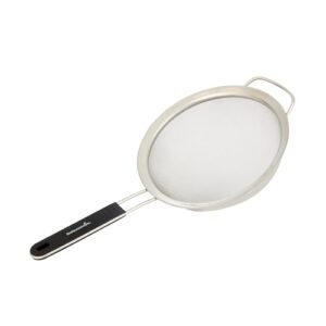 Restaurantware Coador de malha fina 1 unidade 38,1 cm x 19,8 cm x 7,6 cm com alça de silicone coador de malha extrafina de aço inoxidável cabo resistente ao calor, lavável na máquina de lavar louça