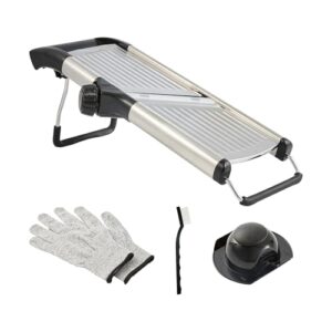 Restaurantware Fatiador Mandoline 40 x 13 x 13 cm ajustável com luvas resistentes ao corte, escova de limpeza, lâmina de aço inoxidável, utensílio de cozinha para fatiar legumes e frutas
