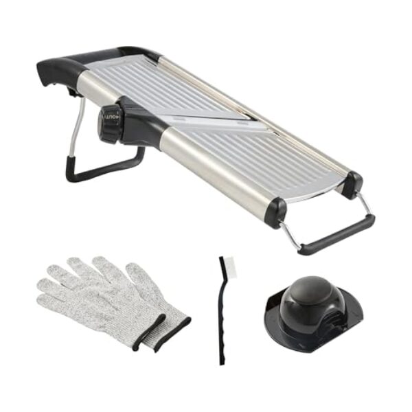 Restaurantware Fatiador Mandoline 40 x 13 x 13 cm ajustável com luvas resistentes ao corte, escova de limpeza, lâmina de aço inoxidável, utensílio de cozinha para fatiar legumes e frutas