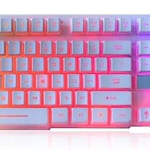 Rii RK100+ Teclado para jogos branco, com fio USB, várias cores, arco-íris, LED, retroiluminado, tamanho grande, sensação mecânica, ultrafino, multimídia, teclado antiderrapante para jogos e trabalho