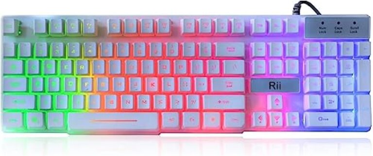 Rii RK100+ Teclado para jogos branco, com fio USB, várias cores, arco-íris, LED, retroiluminado, tamanho grande, sensação mecânica, ultrafino, multimídia, teclado antiderrapante para jogos e trabalho