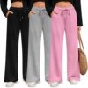 Riyiper Pacote com 3 calças de moletom femininas de perna larga com cordão, calça reta e cintura elástica, calça de moletom com bolsos, Rosa, cinza claro, preto, XGG