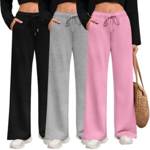 Riyiper Pacote com 3 calças de moletom femininas de perna larga com cordão, calça reta e cintura elástica, calça de moletom com bolsos, Rosa, cinza claro, preto, XGG