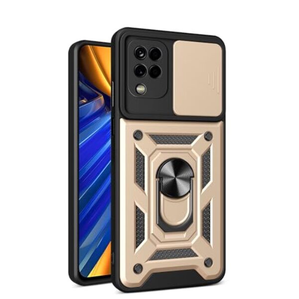 RKINC Capa para Samsung Galaxy A12 com capa deslizante para câmera e anel giratório com suporte de grau militar à prova de choque com suporte magnético para carro, dourado