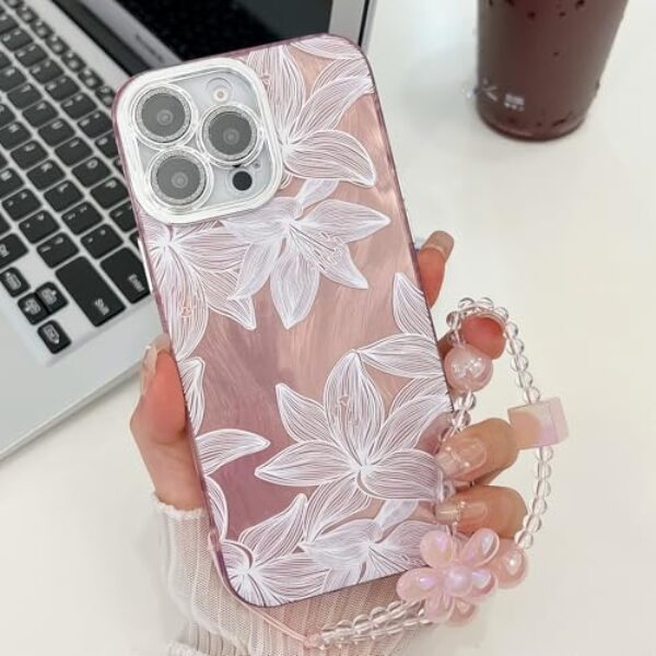 Roemary Capa de flor de lírio para iPhone 16 Plus com pulso, capa floral de jardim para meninas e mulheres, design feminino TPU macio capa protetora para iPhone 16 Plus de 6,7 polegadas (pulso de