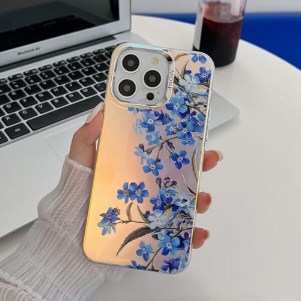 Roemary Capa de margarida para iPhone 16, capa floral de jardim para meninas e mulheres, design feminino TPU macio capa protetora para iPhone (azul)