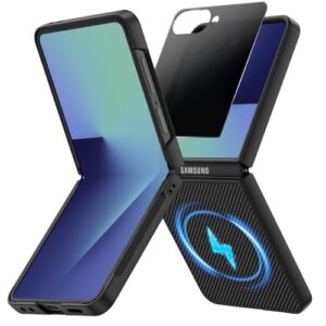 Ruky Capa para Z Flip 7 com protetor de tela privay, antiarranhões à prova de choque PC rígido ultrafino, [compatível com MagSafe] Capa protetora de telefone de fibra de carbono para Samsung Galaxy Z