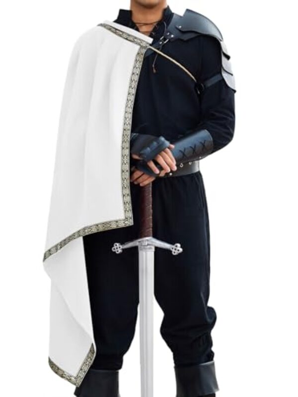 Runcati Xale renascentista masculino meio ombro capa medieval samurai manto LARP guerreiro ren faire fantasia de Halloween, Branco, G