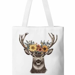 Sacolas de lona, bolsa de pano de compras de supermercado, grinalda floral de veado, reutilizável, bolsa de ombro para viagem, trabalho, academia, Branco, Large, Casual