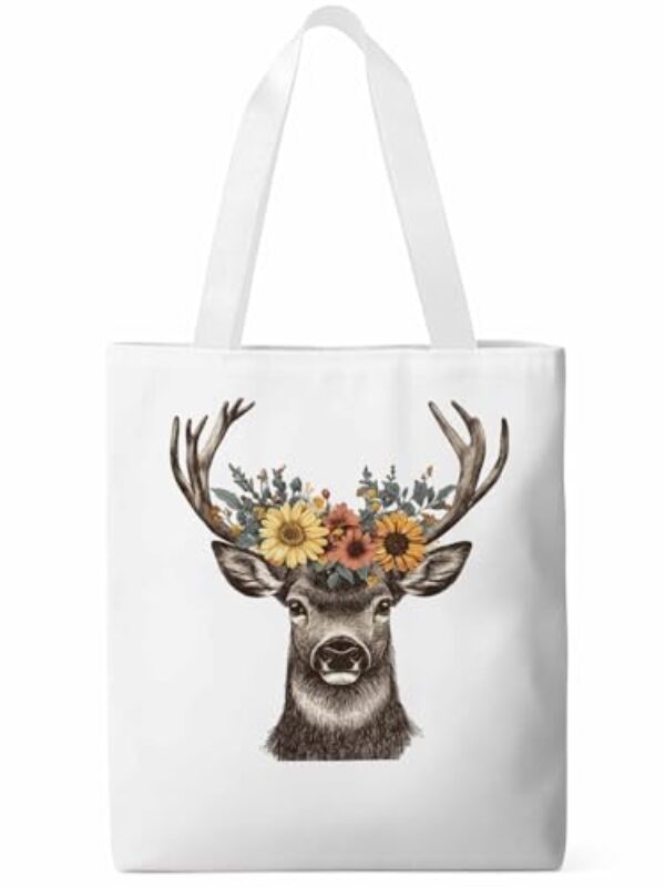 Sacolas de lona, bolsa de pano de compras de supermercado, grinalda floral de veado, reutilizável, bolsa de ombro para viagem, trabalho, academia, Branco, Large, Casual