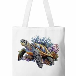 Sacolas de lona, sacola de pano de compras de supermercado, tartaruga-marinha coral reutilizável, bolsa de ombro para viagem, trabalho, academia, Branco, Large, Desenhos animados