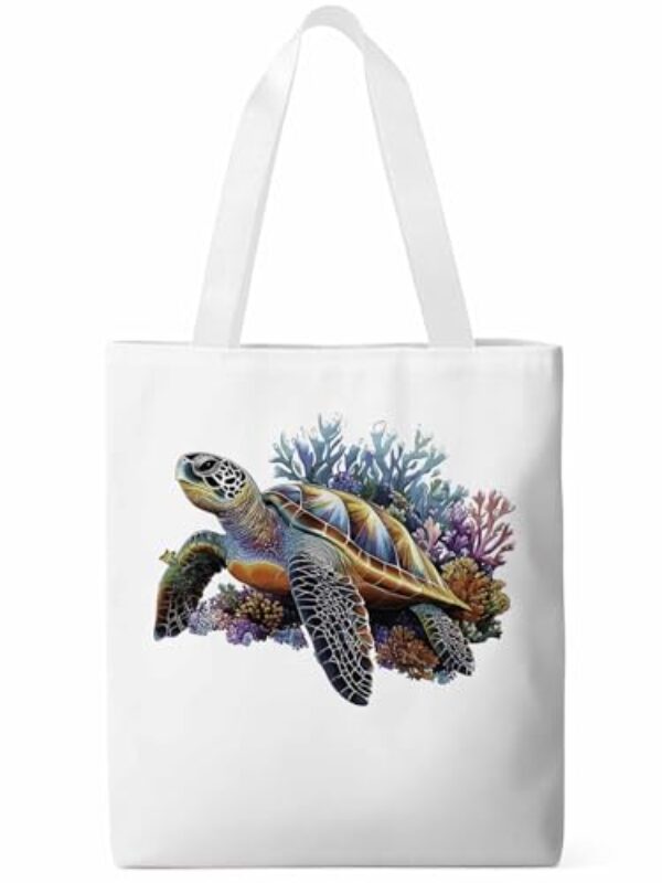 Sacolas de lona, sacola de pano de compras de supermercado, tartaruga-marinha coral reutilizável, bolsa de ombro para viagem, trabalho, academia, Branco, Large, Desenhos animados