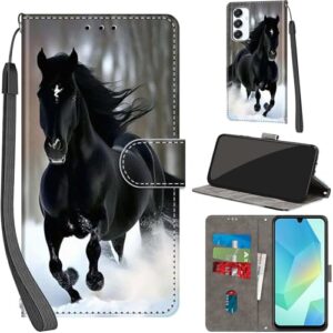 Salanheo Capa carteira para Samsung Galaxy A16 4G / A16 5G, com [3 compartimentos para cartões], fecho magnético com suporte, capa protetora de couro PU à prova de choque de 17 cm, neve e cavalos