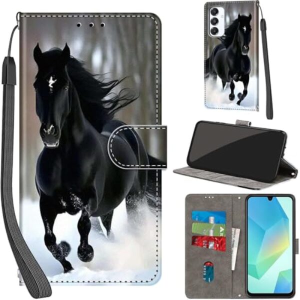 Salanheo Capa carteira para Samsung Galaxy A16 4G / A16 5G, com [3 compartimentos para cartões], fecho magnético com suporte, capa protetora de couro PU à prova de choque de 17 cm, neve e cavalos