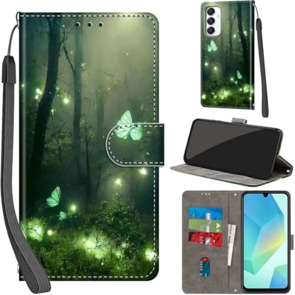 Salanheo Capa carteira para Samsung Galaxy A16 4G / A16 5G, com [3 compartimentos para cartões], fecho magnético com suporte, capa protetora de couro PU à prova de choque 17 cm, borboleta