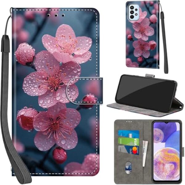 Salanheo Capa carteira para Samsung Galaxy A23 4G / Galaxy A23 5G, com [3 compartimentos para cartões], fecho magnético com suporte, capa protetora de couro PU à prova de choque 16,8 cm, flor de