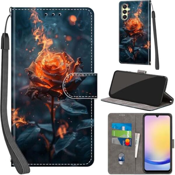Salanheo Capa carteira para Samsung Galaxy A25 5G, com [3 compartimentos para cartões], fecho magnético com suporte, capa protetora flip de couro PU à prova de choque 16,5 cm, Burning Roses