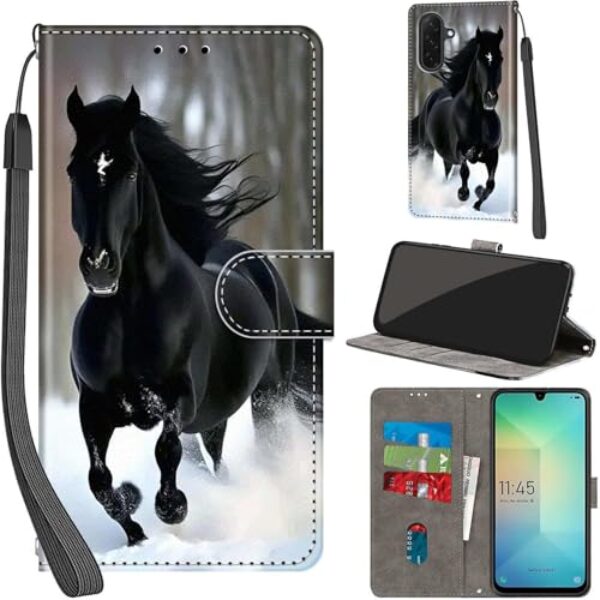 Salanheo Capa carteira para Samsung Galaxy A26 / A17 5G, com [3 compartimentos para cartões], fecho magnético com suporte, capa protetora de couro PU à prova de choque de 17 cm, neve e cavalos