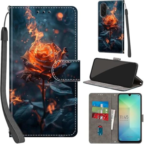 Salanheo Capa carteira para Samsung Galaxy A26 / A17 5G, com [3 compartimentos para cartões], fecho magnético com suporte, capa protetora de couro PU à prova de choque de 17 cm, Burning Roses