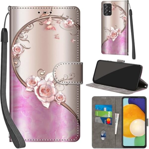 Salanheo Capa carteira para Samsung Galaxy A53 5G, com [3 compartimentos para cartões], fecho magnético com suporte, capa protetora flip de couro PU à prova de choque 16,5 cm, rosa rosa