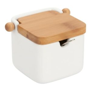 Saleiro Açucareiro Cerâmica Porcelana Tampa Bambu C/Colher