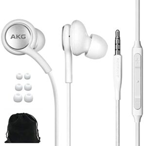 SAMSUNG AKG Fones de ouvido intra-auriculares originais com fio de 3,5 mm com controle remoto e microfone para música, chamadas telefônicas, trabalho - baixo profundo com isolamento de ruído, inclui bolsa de transporte de veludo - branco