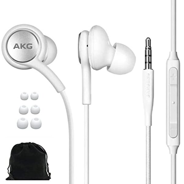 SAMSUNG AKG Fones de ouvido intra-auriculares originais com fio de 3,5 mm com controle remoto e microfone para música, chamadas telefônicas, trabalho - baixo profundo com isolamento de ruído, inclui bolsa de transporte de veludo - branco