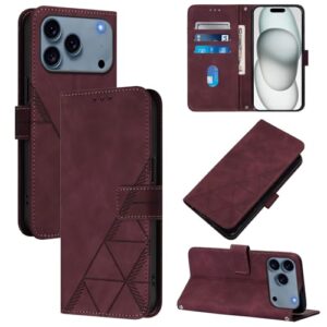 ScandiCasis Capa de couro para iPhone 17 Pro Max, capa carteira com padrões geométricos com 3 compartimentos para cartão, capa flip para celular com fecho magnético à prova de choque, vinho