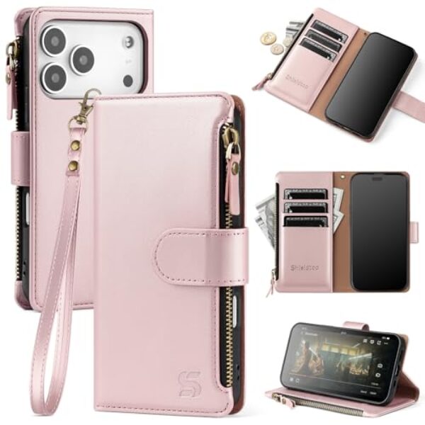 Shieldtop Capa carteira compatível com iPhone 17 Pro com suporte para cartão, capa flip de couro PU com bloqueio de RFID, alça de pulso com zíper e compartimentos para cartão de crédito, capa de