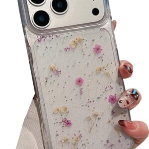 Shinymore Capa de flores reais compatível com iPhone 17 Pro Max, borracha macia, transparente, flexível, prensada, flores reais, meninas, purpurina, floral, mulheres, meninas, roxo
