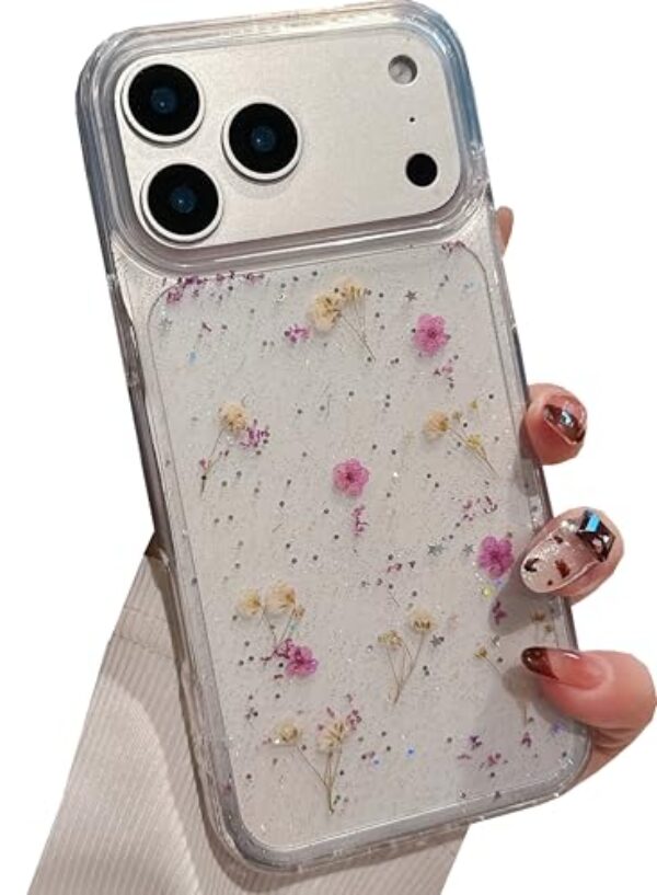 Shinymore Capa de flores reais compatível com iPhone 17 Pro Max, borracha macia, transparente, flexível, prensada, flores reais, meninas, purpurina, floral, mulheres, meninas, roxo