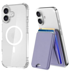 Siaincsy Capa para iPhone 16 com suporte para cartão e suporte, suporte para 5 cartões, capa protetora magnética transparente resistente ao amarelamento, à prova de queda militar, roxa