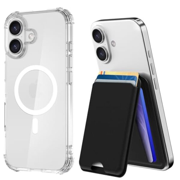 Siaincsy Capa para iPhone 16 com suporte para cartão e suporte, suporte para 5 cartões, capa protetora magnética transparente resistente ao amarelamento, à prova de queda militar, preta