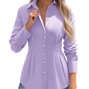 siliteelon Camisas de botão para mulheres com cintura apertada, manga comprida, algodão, casual, trabalho, escritório, Roxa, GG