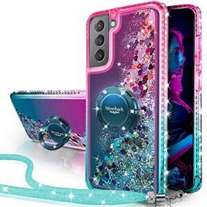 Silverback Capa para Samsung Galaxy S21, capa protetora com glitter holográfico líquido em movimento com suporte, capa protetora de anel de diamante brilhante para meninas e mulheres para Galaxy S21