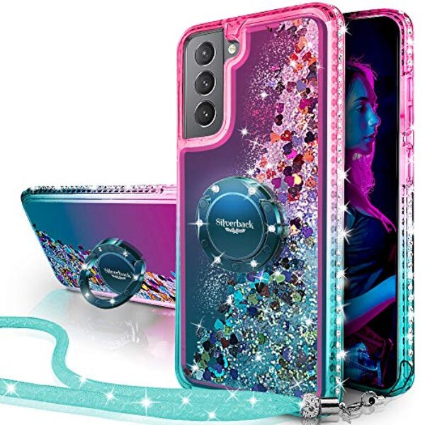 Silverback Capa para Samsung Galaxy S21, capa protetora com glitter holográfico líquido em movimento com suporte, capa protetora de anel de diamante brilhante para meninas e mulheres para Galaxy S21