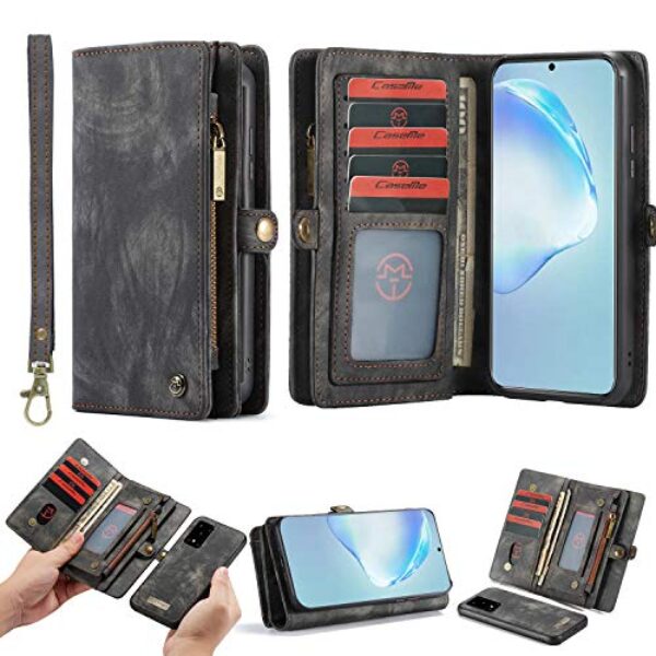 Simicoo OnePlus 8 Carteira de couro destacável com zíper 11 compartimentos para cartão OnePlus 8 capa magnética flip alça de pulso à prova de choque bolso bolsa para homens e mulheres (OnePlus 8