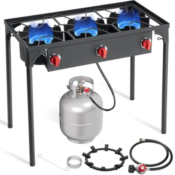 SKOK Fogão a propano de 3 bocas – Fogão de acampamento portátil com queimador de propano de alta eficiência 225.000, fogão ao ar livre para acampamento, quintal, piquenique