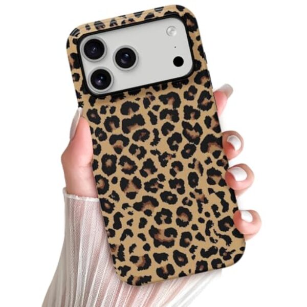 Skyseaco Capa de telefone compatível com iPhone 17 Pro, linda estampa de leopardo, para mulheres, meninas, à prova de choque, TPU macio e policarbonato rígido, capa protetora de camada dupla, marrom