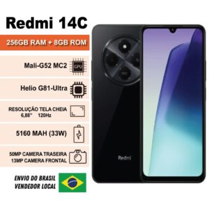 Smartphone Xiaomi Redmi 14C 8GB 256GB/ 4GB 128GB (Global) Tela 6,88 polegadas de 120HZ bateria 5160 Mah, Câmera 50MP