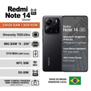Smartphone Xiaomi Redmi Note 14 5G 256GB 8GB Global com NFC, Tela de 6,67", Câmera de 108MP, Bateria de 5110Mah
