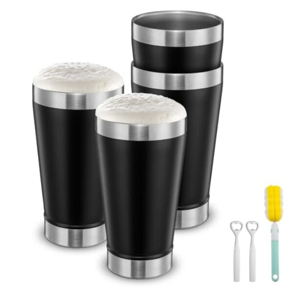 SNOW HARE Conjunto de 4 copos de cerveja isolados de 473 ml, copos empilháveis ao ar livre, copos de cerveja de parede dupla de aço inoxidável, caneca fria para cerveja, preto, ideal para amantes de